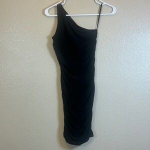 UDTFASHION One Shoulder Ruched Midi Dress Black Made in USA Style K4076I Size 10